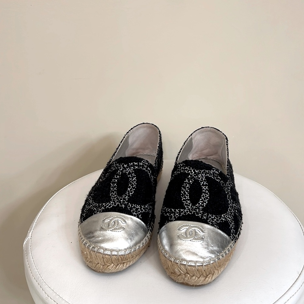 Chanel Slvr/Black Espadrilles Lambskin & Tweed